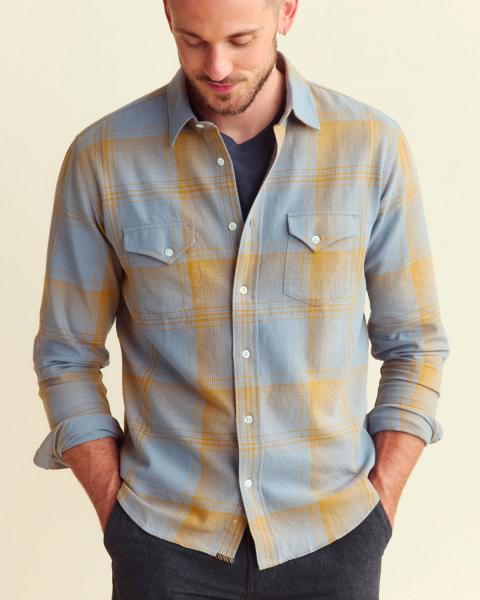 LARGE SCALE PLAID WESTERN L/S- FADED DENIM