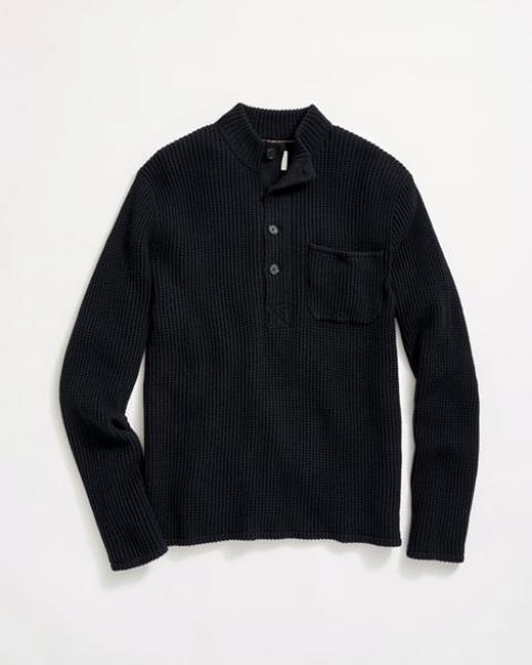 BUTTON PLACKET WAFFLE PULLOVER, BLACK