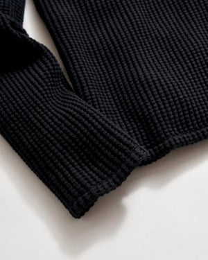 BUTTON PLACKET WAFFLE PULLOVER, BLACK