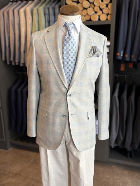 GREY AND BLUE TEXTURED PLAID SPORT COAT