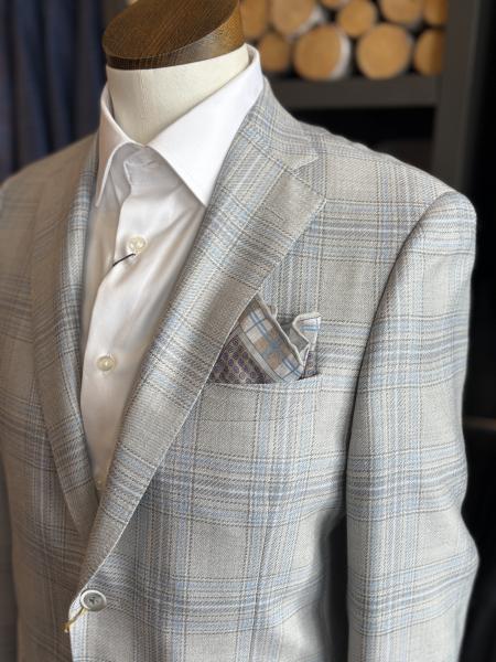 LIGHT GREY WITH BLUE AND CHAROAL PLAID SPORT COAT