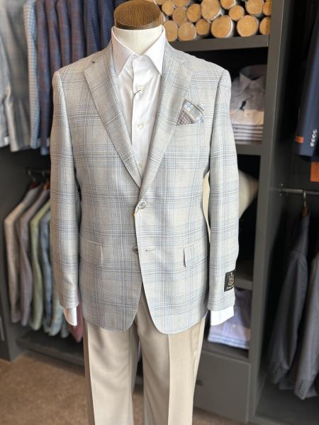 LIGHT GREY WITH BLUE AND CHAROAL PLAID SPORT COAT
