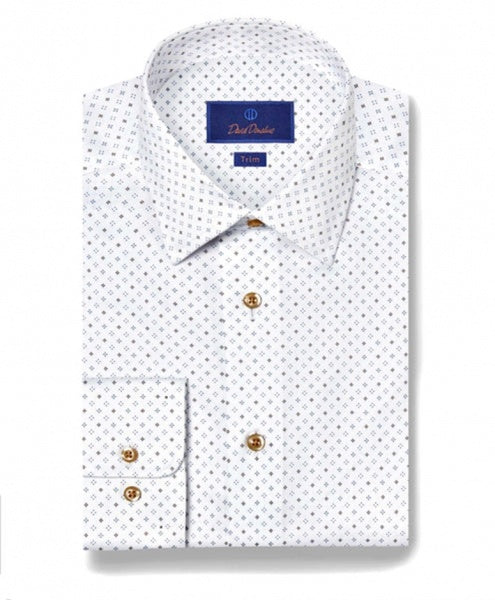 WHITE/BLUE/CHOCOLATE MICRO NEAT DRESS SHIRT - TRIM