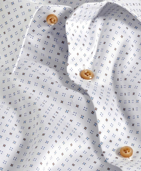 WHITE/BLUE/CHOCOLATE MICRO NEAT DRESS SHIRT - TRIM