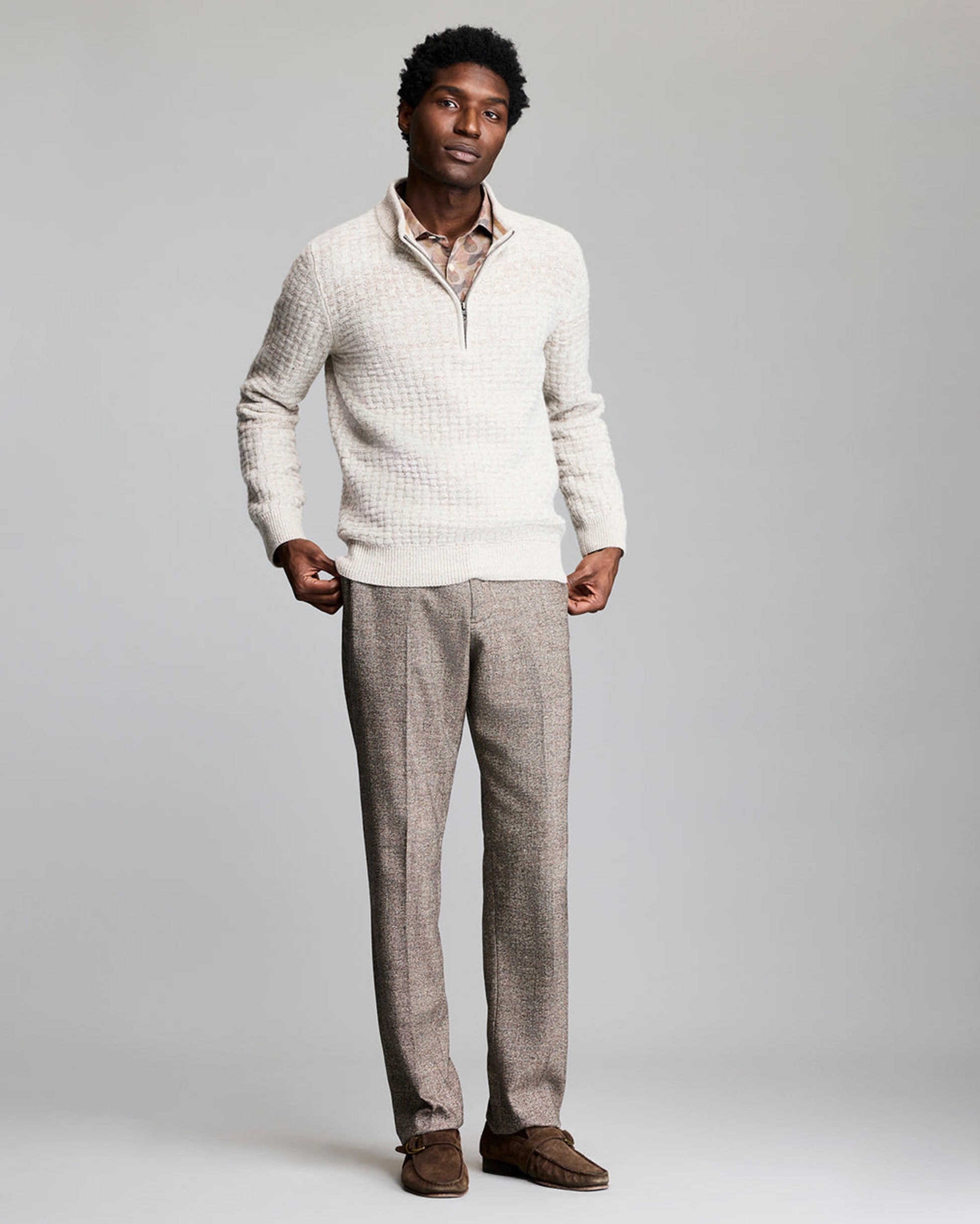 BASKETWEAVE HALF ZIP SWEATER- OATMEAL