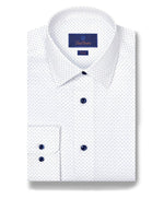 WHITE WITH MICRO NAVY PRINT DRESS SHIRT - TRIM