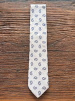 100% SILK GREY AND BLUE PAISLEY WOVEN TIE, THE LABEL