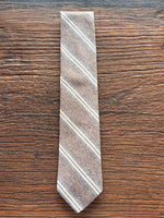 100% SILK BROWN AND BLUE STRIPE WOVEN TIE, THE LABEL