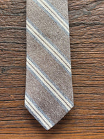 100% SILK BROWN AND BLUE STRIPE WOVEN TIE, THE LABEL