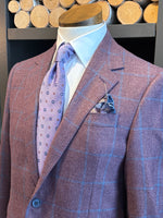 DEEP CORAL RED & BLUE WINDOWPANE COAT