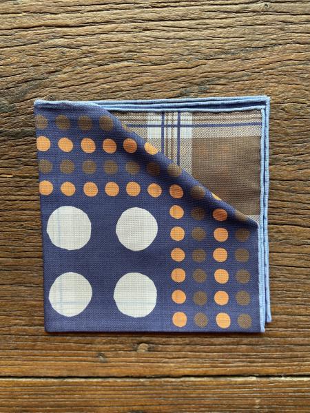 NAVY/WHITE/BROWN/ORANGE DOTS AND PLAID POCKET SQUARE
