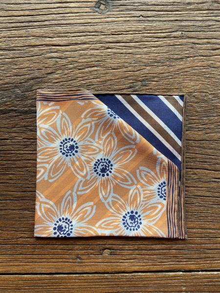 NAVY AND ORANGE FLORAL/STRIPE POCKET SQUARE